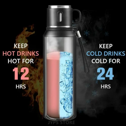 Thermos 1000 ML à une passoire interne et un couvercle en forme de tasse.